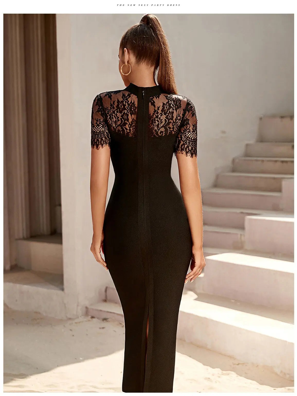 Black Lace Bodycon Bandage Dress Sexy Short Sleeve Party Dress Vestido - Blade & Thread