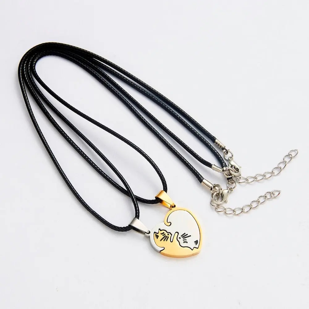 Black White Cat Stitching Necklace Friendship Heart Shape Gold White Cat Cute Couple Jewelry nowadaysfashion