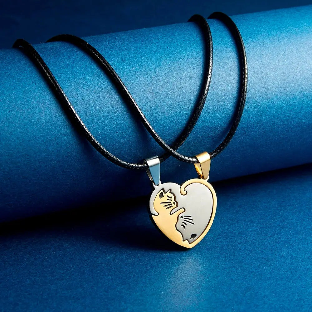 Black White Cat Stitching Necklace Friendship Heart Shape Gold White Cat Cute Couple Jewelry nowadaysfashion