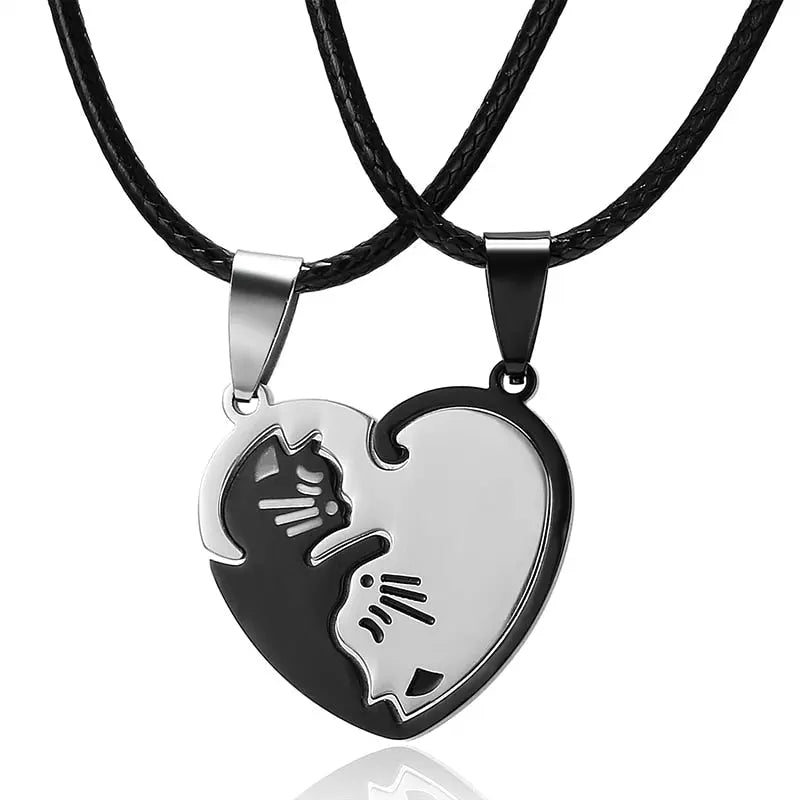 Black White Cat Stitching Necklace Friendship Heart Shape Gold White Cat Cute Couple Jewelry nowadaysfashion