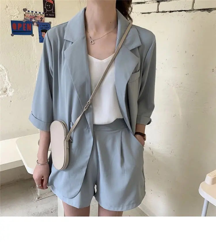 Blazer Set Women Korean Fashion Thin Jackets Casual Loose Shorts Two Piece Suits Female - Blade & Thread