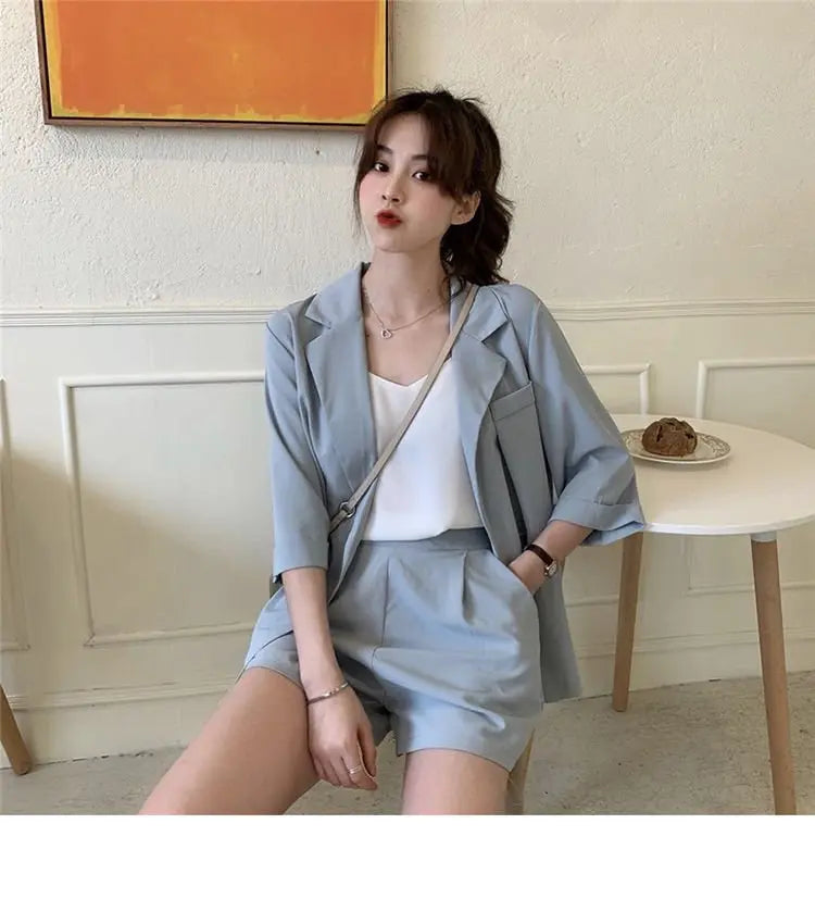 Blazer Set Women Korean Fashion Thin Jackets Casual Loose Shorts Two Piece Suits Female nowadaysfashion