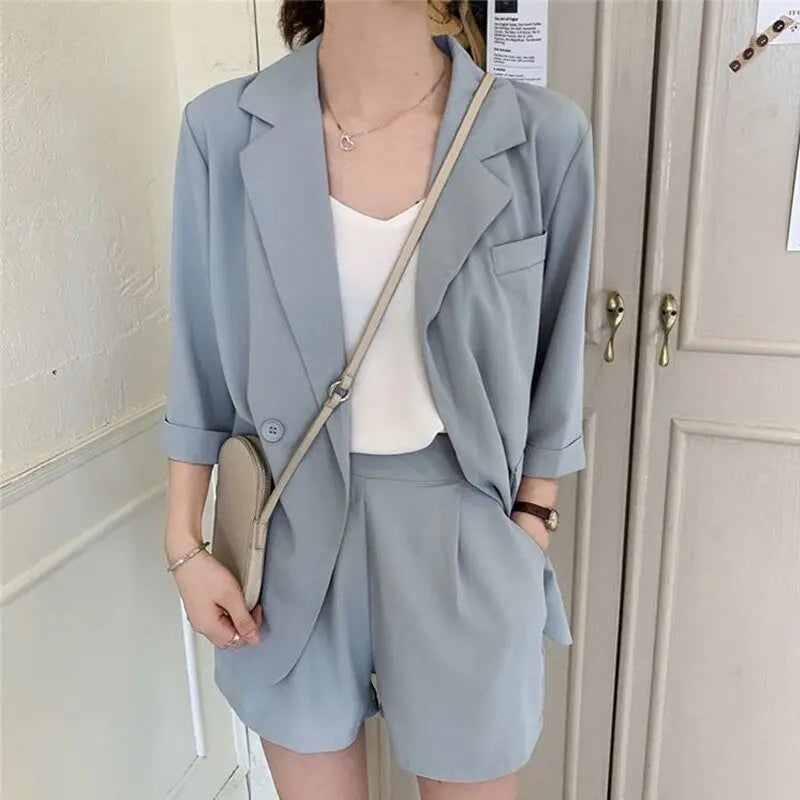 Blazer Set Women Korean Fashion Thin Jackets Casual Loose Shorts Two Piece Suits Female - Blade & Thread