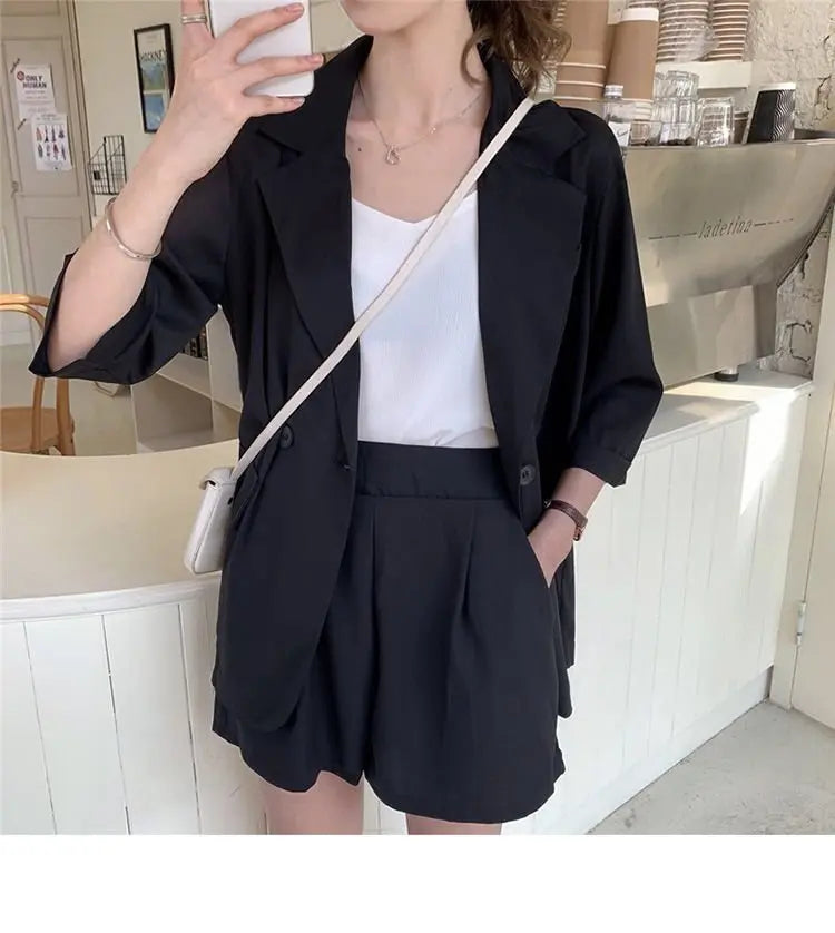 Blazer Set Women Korean Fashion Thin Jackets Casual Loose Shorts Two Piece Suits Female nowadaysfashion