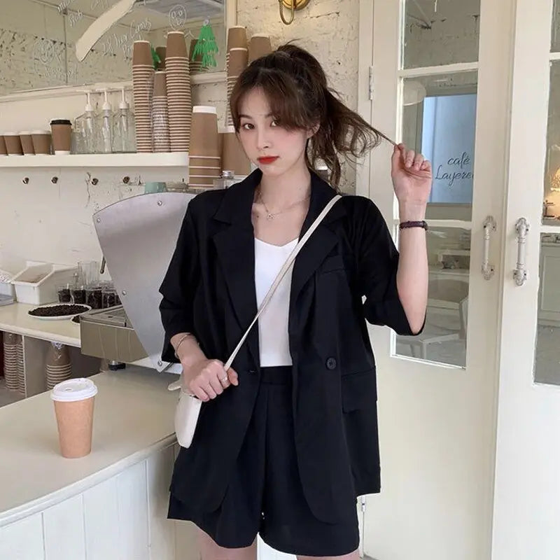 Blazer Set Women Korean Fashion Thin Jackets Casual Loose Shorts Two Piece Suits Female - Blade & Thread