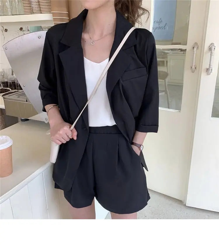 Blazer Set Women Korean Fashion Thin Jackets Casual Loose Shorts Two Piece Suits Female - Blade & Thread