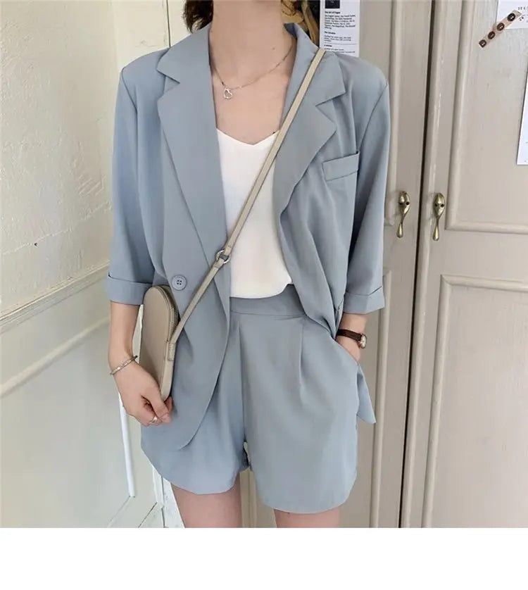 Blazer Set Women Korean Fashion Thin Jackets Casual Loose Shorts Two Piece Suits Female - Blade & Thread