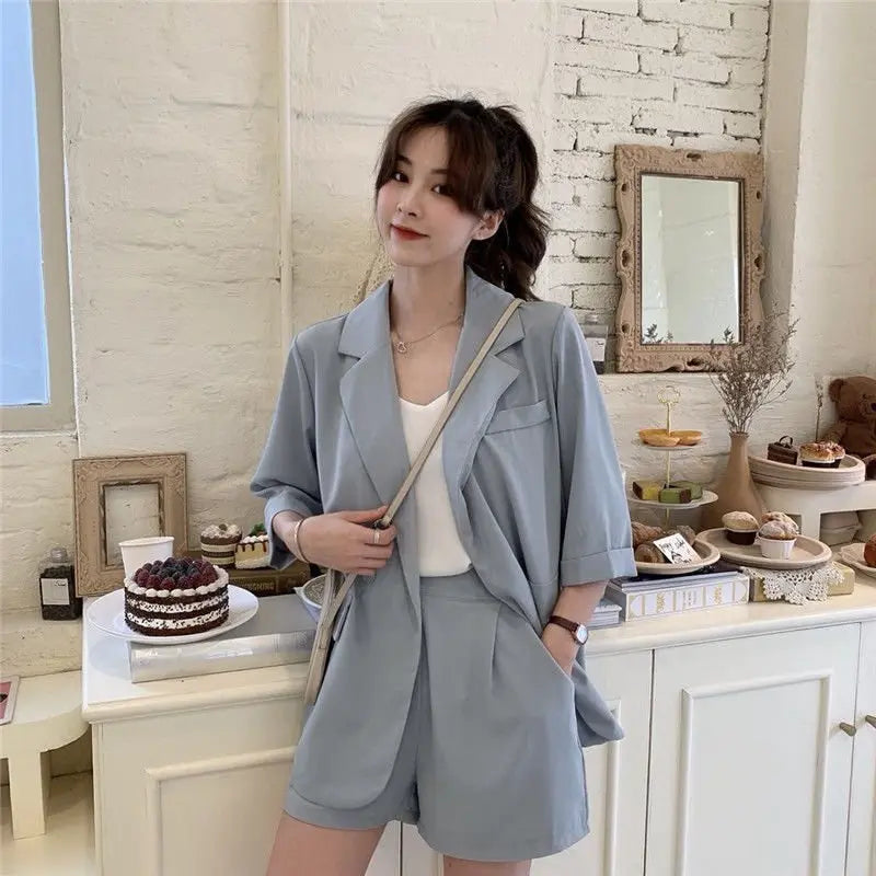 Blazer Set Women Korean Fashion Thin Jackets Casual Loose Shorts Two Piece Suits Female - Blade & Thread