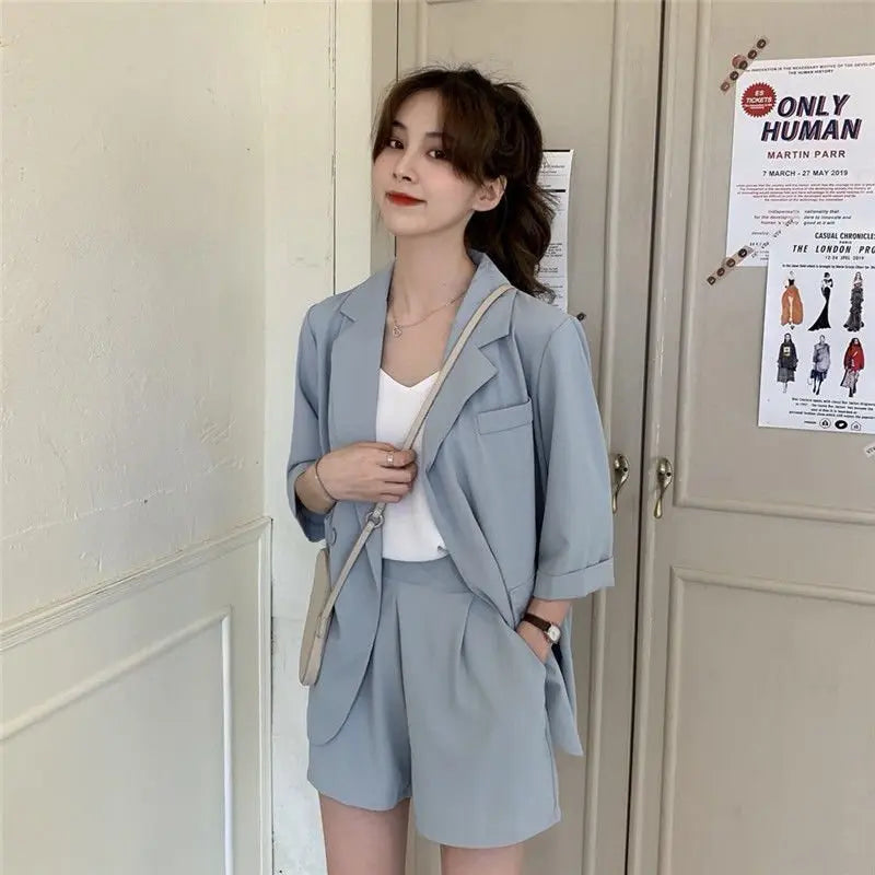 Blazer Set Women Korean Fashion Thin Jackets Casual Loose Shorts Two Piece Suits Female - Blade & Thread