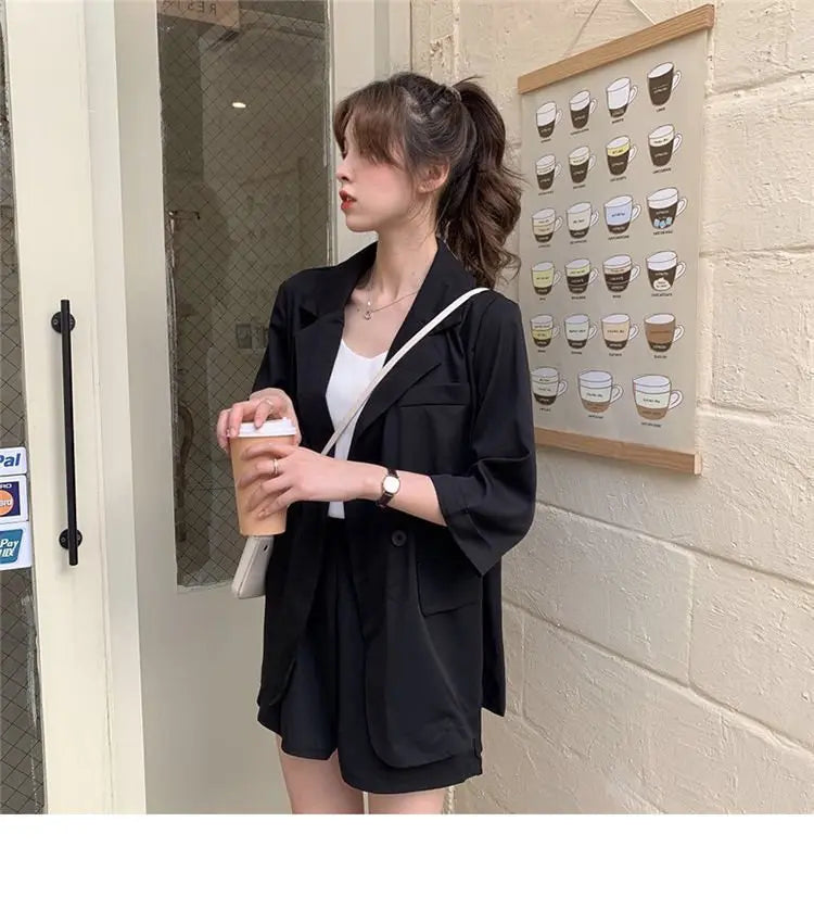 Blazer Set Women Korean Fashion Thin Jackets Casual Loose Shorts Two Piece Suits Female - Blade & Thread