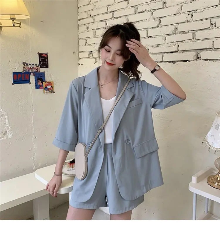 Blazer Set Women Korean Fashion Thin Jackets Casual Loose Shorts Two Piece Suits Female - Blade & Thread