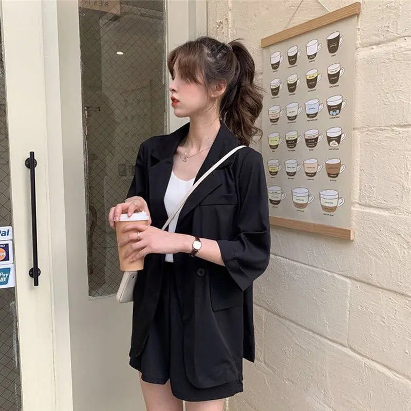 Blazer Set Women Korean Fashion Thin Jackets Casual Loose Shorts Two Piece Suits Female - Blade & Thread