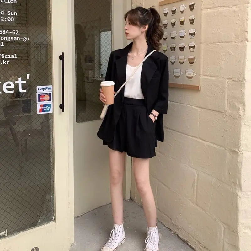 Blazer Set Women Korean Fashion Thin Jackets Casual Loose Shorts Two Piece Suits Female - Blade & Thread