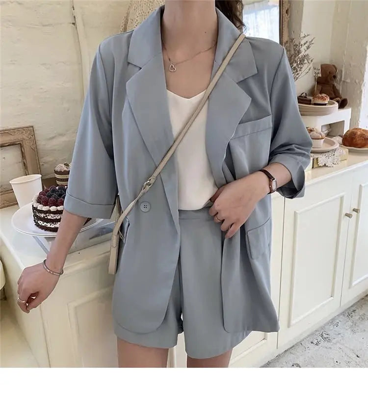 Blazer Set Women Korean Fashion Thin Jackets Casual Loose Shorts Two Piece Suits Female - Blade & Thread