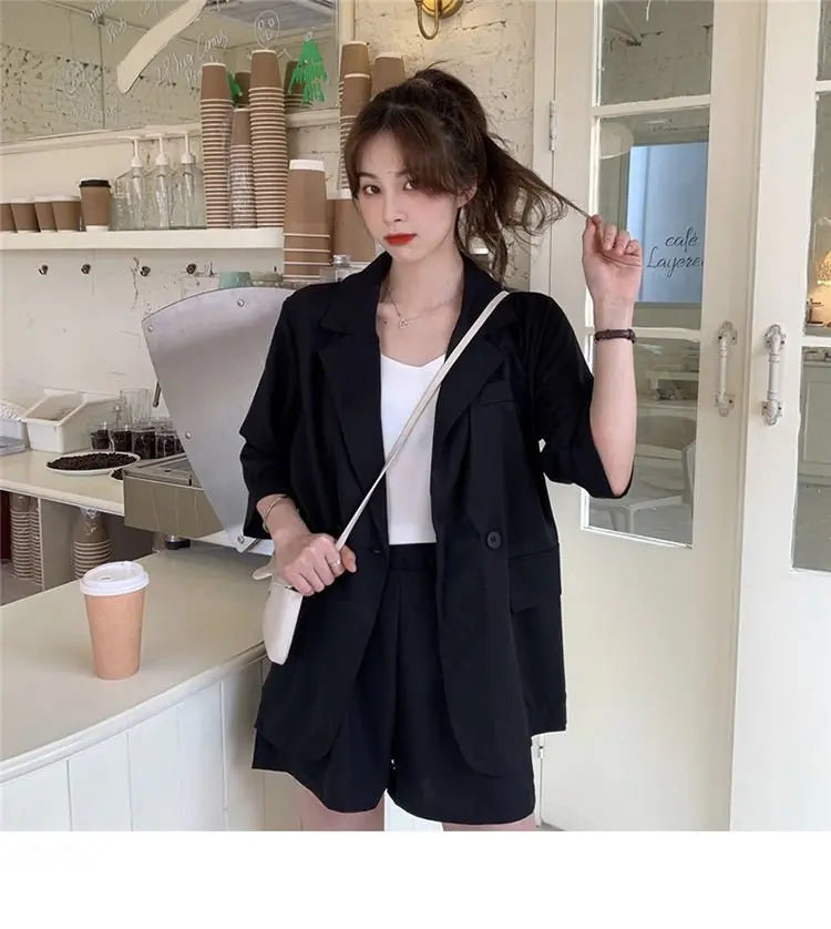 Blazer Set Women Korean Fashion Thin Jackets Casual Loose Shorts Two Piece Suits Female - Blade & Thread