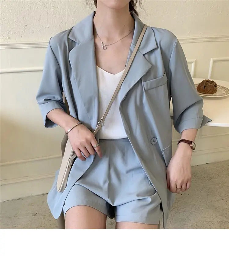Blazer Set Women Korean Fashion Thin Jackets Casual Loose Shorts Two Piece Suits Female - Blade & Thread