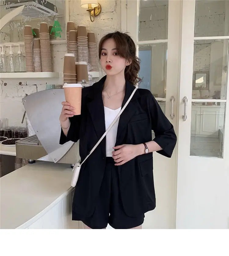 Blazer Set Women Korean Fashion Thin Jackets Casual Loose Shorts Two Piece Suits Female - Blade & Thread