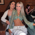 Bling Glitter Sequins Bell Long Sleeve Lace Up Crop Top Blouse Y2K nowadaysfashion