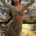Bling Glitter Sequins Bell Long Sleeve Lace Up Crop Top Blouse Y2K nowadaysfashion
