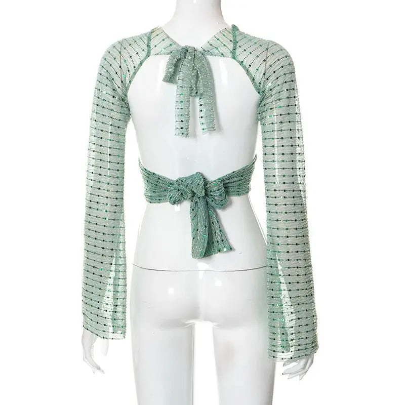 Bling Glitter Sequins Bell Long Sleeve Lace Up Crop Top Blouse Y2K - Blade & Thread