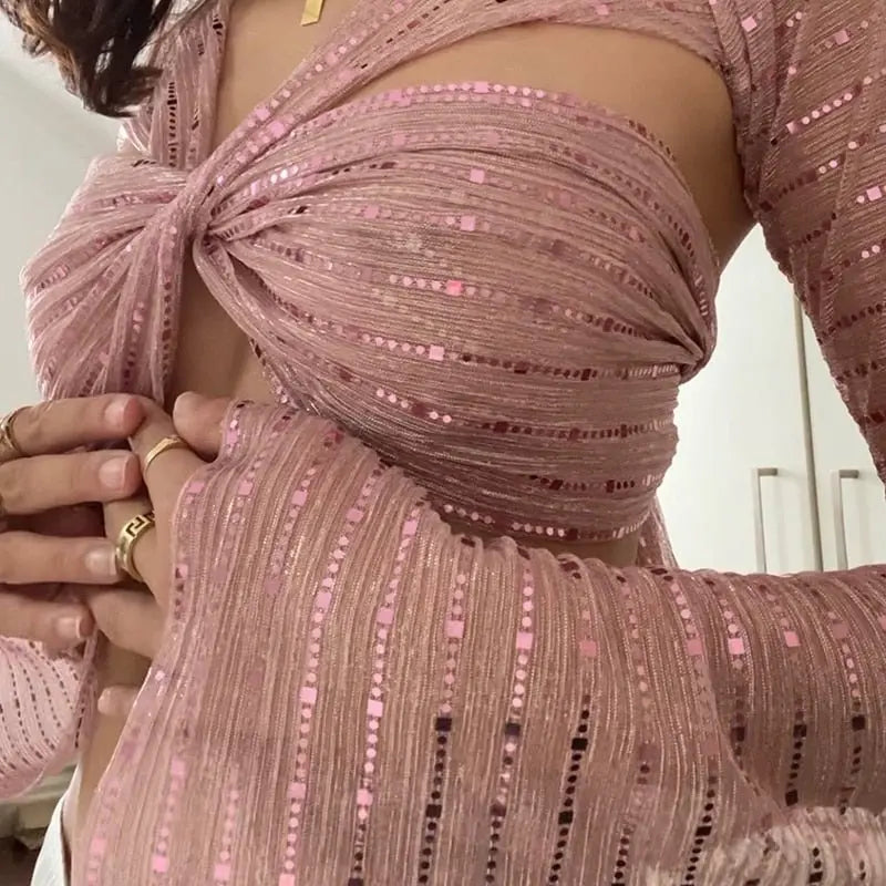 Bling Glitter Sequins Bell Long Sleeve Lace Up Crop Top Blouse Y2K nowadaysfashion