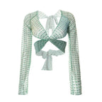 Bling Glitter Sequins Bell Long Sleeve Lace Up Crop Top Blouse Y2K nowadaysfashion