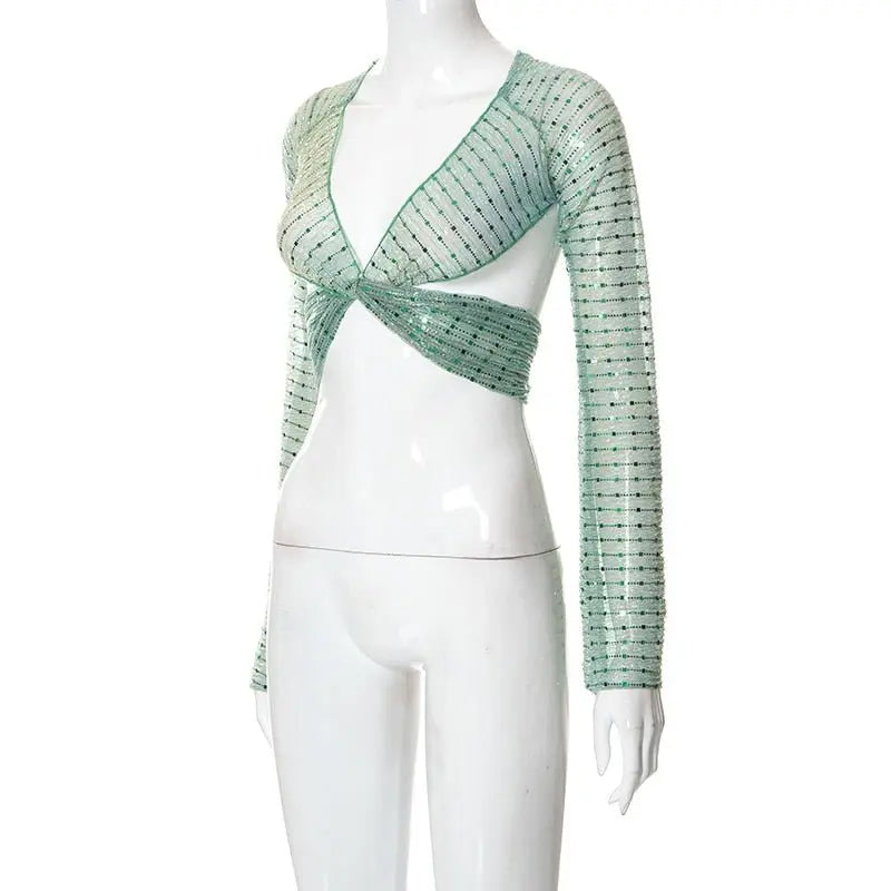 Bling Glitter Sequins Bell Long Sleeve Lace Up Crop Top Blouse Y2K - Blade & Thread