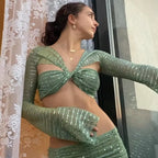 Bling Glitter Sequins Bell Long Sleeve Lace Up Crop Top Blouse Y2K nowadaysfashion