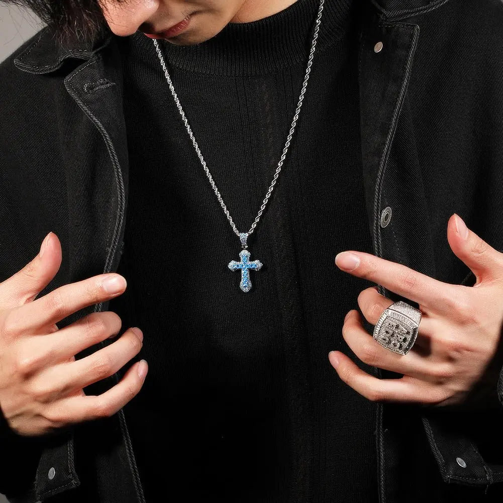 Blue Zircon Cross Hip-hop Necklace - Blade & Thread