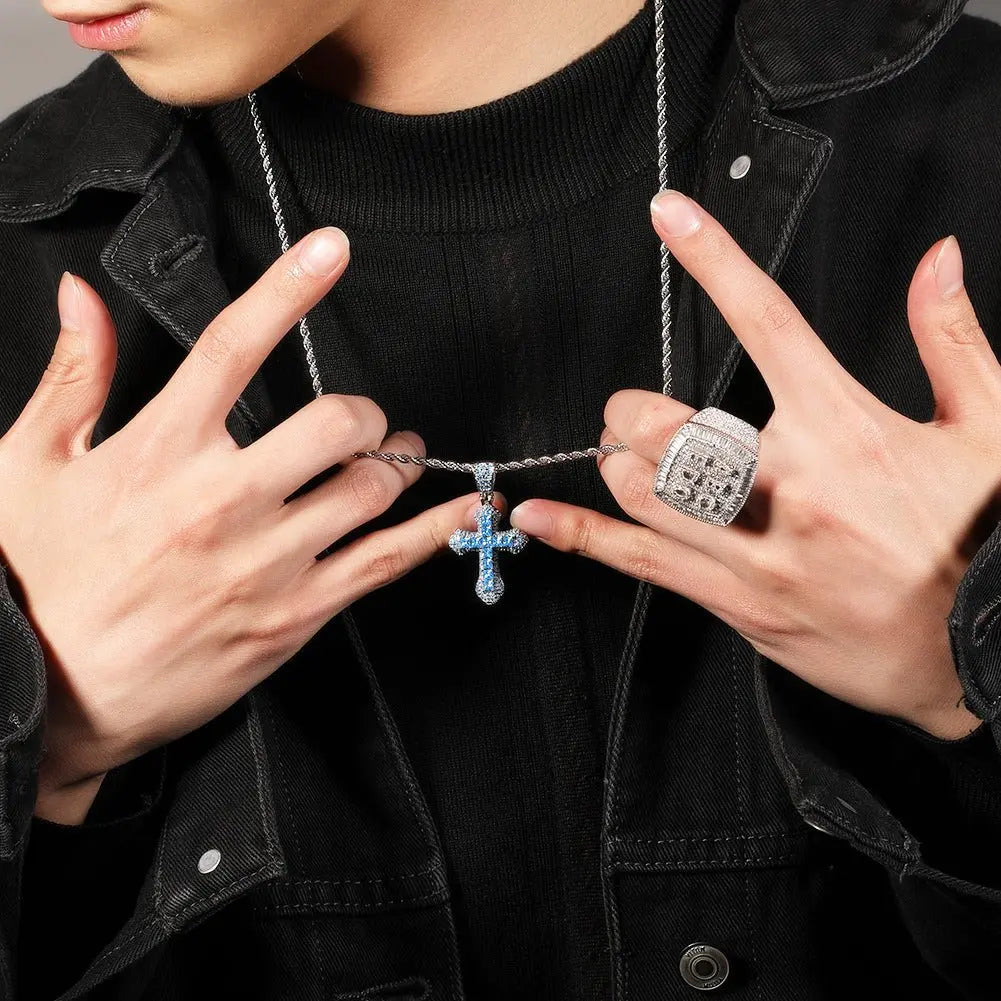 Blue Zircon Cross Hip-hop Necklace - Blade & Thread