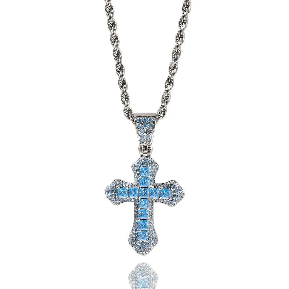 Blue Zircon Cross Hip-hop Necklace - Blade & Thread