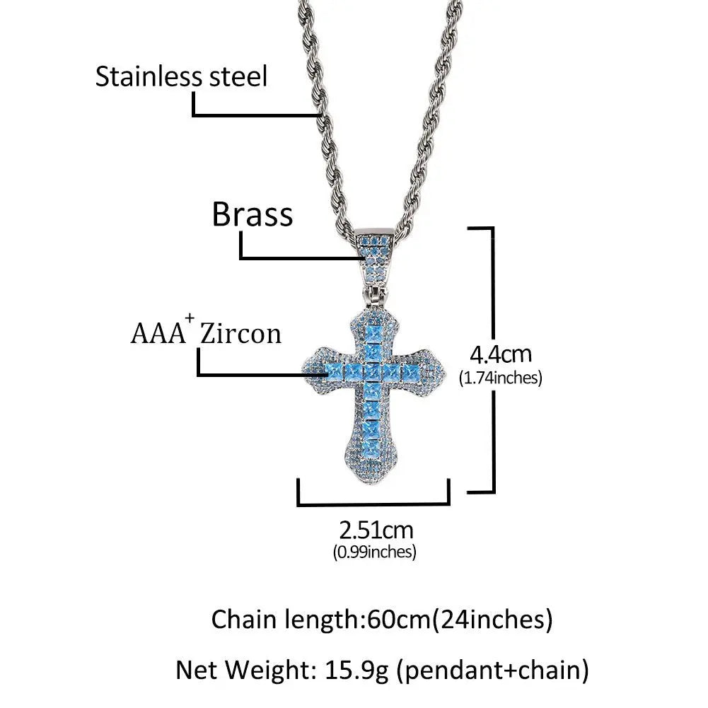 Blue Zircon Cross Hip-hop Necklace - Blade & Thread