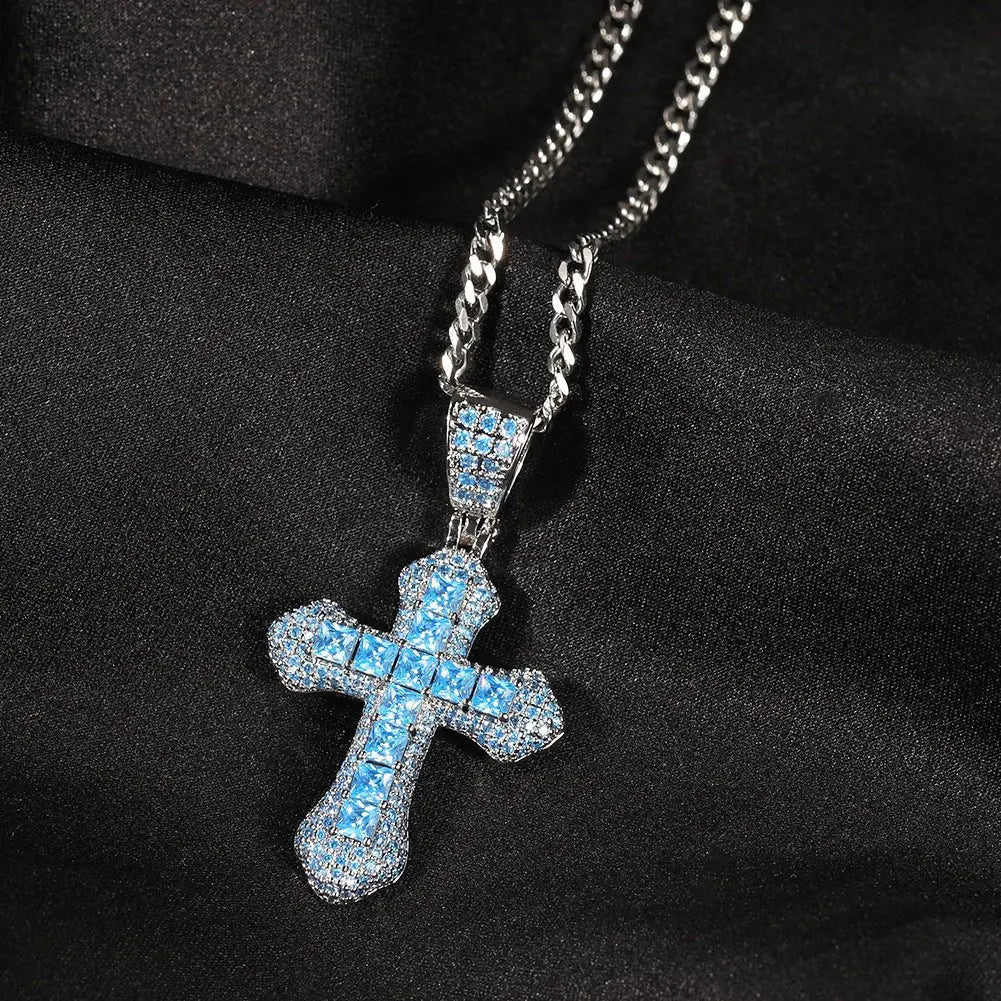 Blue Zircon Cross Hip-hop Necklace - Blade & Thread