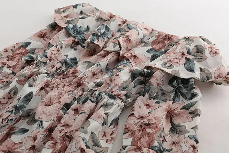 Bohemian Floral Print Ruffles Chiffon Shorts Jumpsuit Women Long Sleeve Off Shoulder Rompers - Blade & Thread