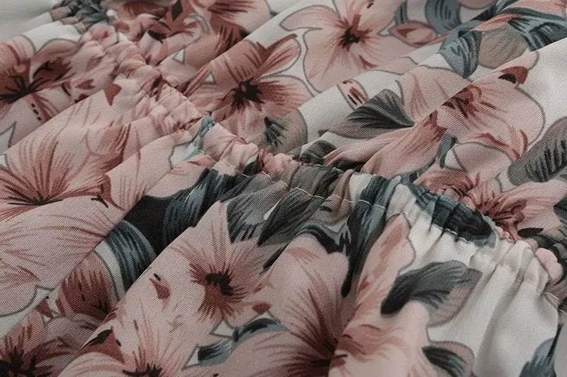 Bohemian Floral Print Ruffles Chiffon Shorts Jumpsuit Women Long Sleeve Off Shoulder Rompers - Blade & Thread
