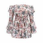 Bohemian Floral Print Ruffles Chiffon Shorts Jumpsuit Women Long Sleeve Off Shoulder Rompers nowadaysfashion