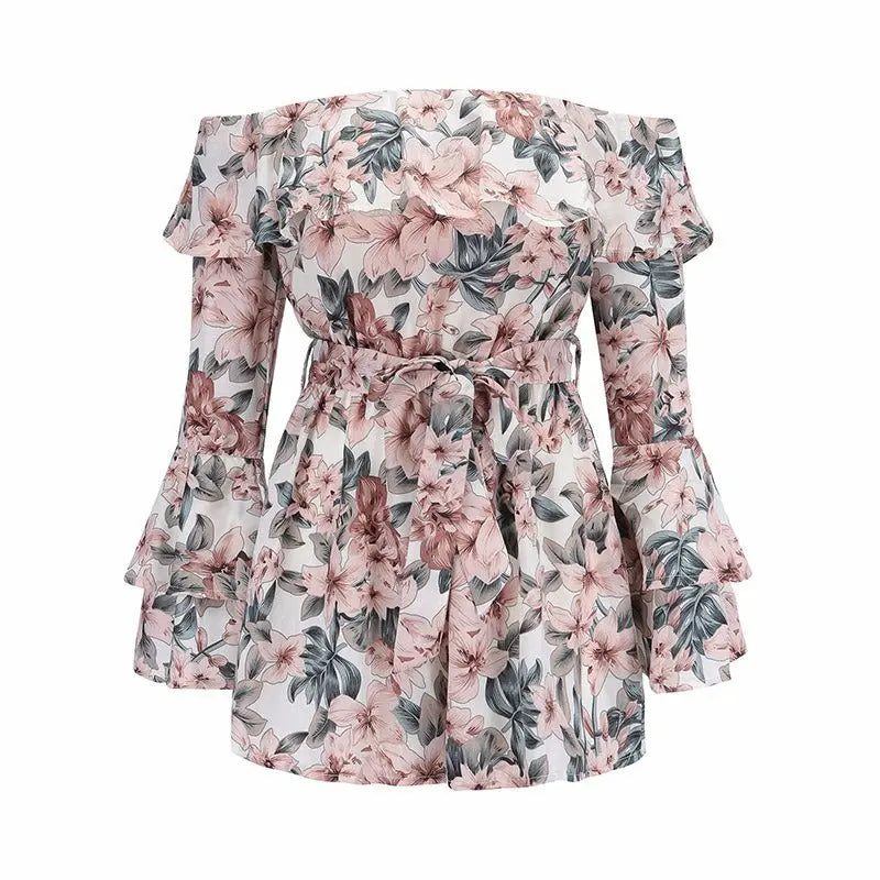 Bohemian Floral Print Ruffles Chiffon Shorts Jumpsuit Women Long Sleeve Off Shoulder Rompers - Blade & Thread