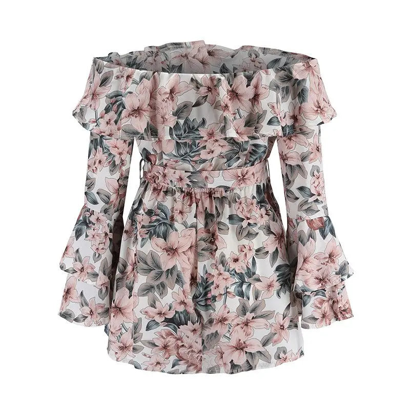 Bohemian Floral Print Ruffles Chiffon Shorts Jumpsuit Women Long Sleeve Off Shoulder Rompers - Blade & Thread
