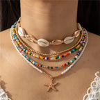 Bohemian multi-layered shell and rice bead necklace nowadaysfashion