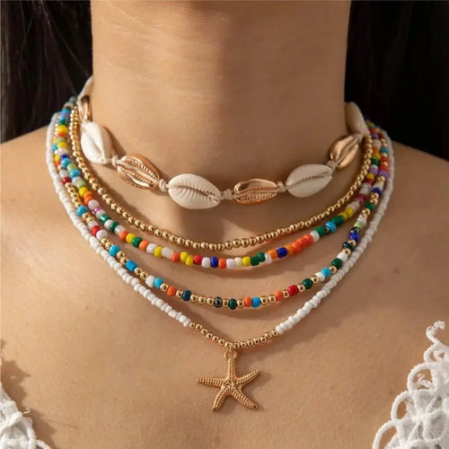 Bohemian multi-layered shell and rice bead necklace nowadaysfashion