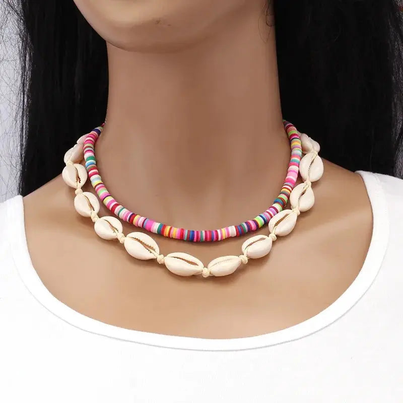 Bohemian multi-layered shell and rice bead necklace nowadaysfashion