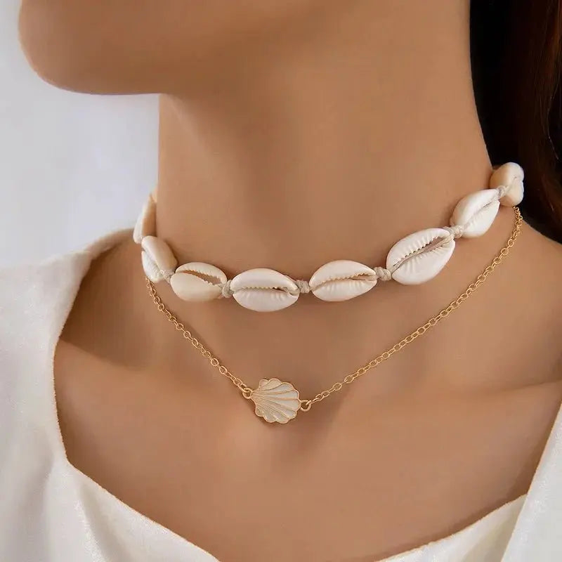 Bohemian multi-layered shell and rice bead necklace - Blade & Thread