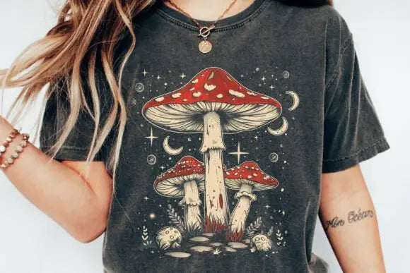 Boho Retro Hippie Mushrooms Natural Unisex Bamboo/Cotton Graphic T-Shirt - Blade & Thread