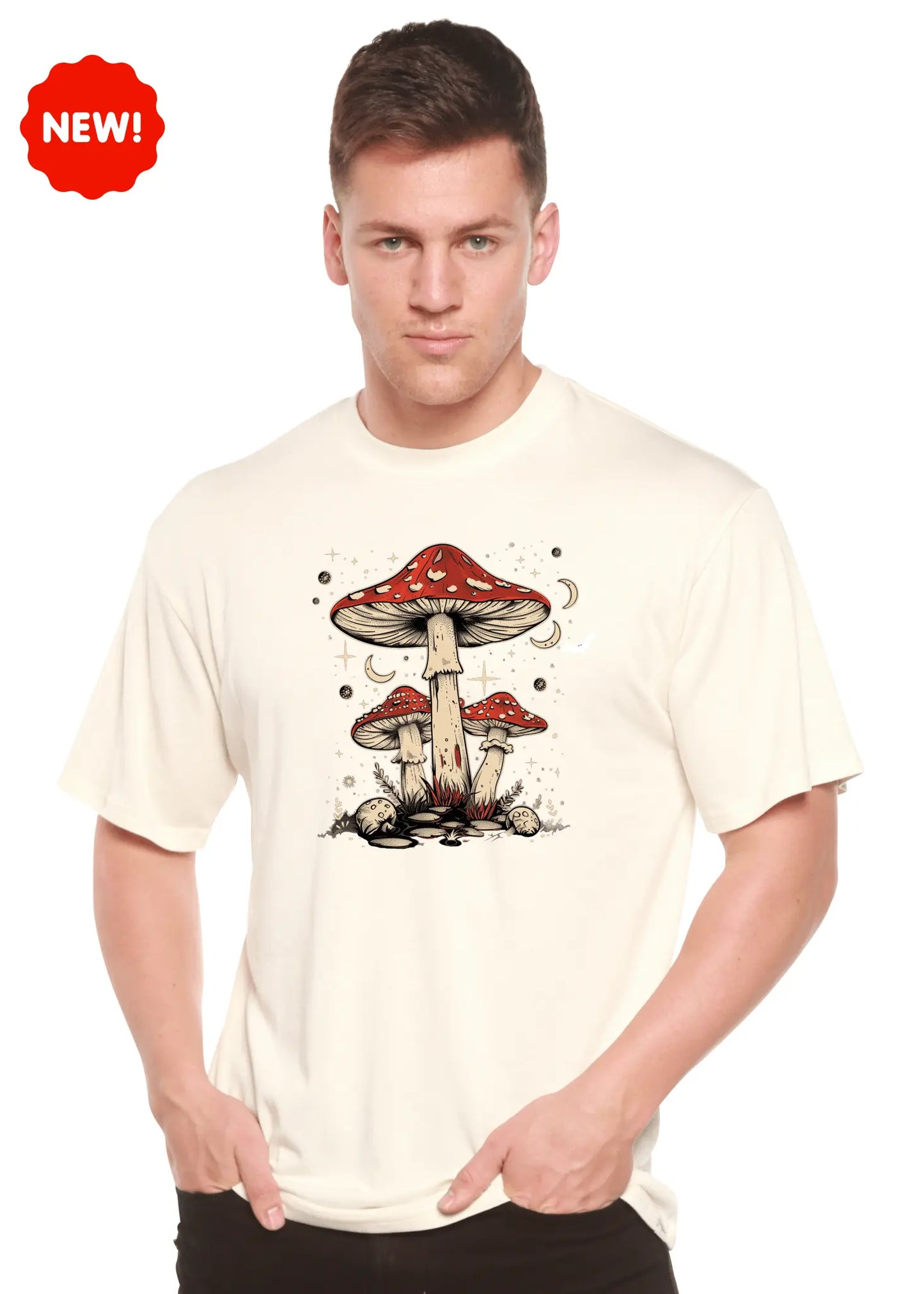 Boho Retro Hippie Mushrooms Natural Unisex Bamboo/Cotton Graphic T-Shirt - Blade & Thread