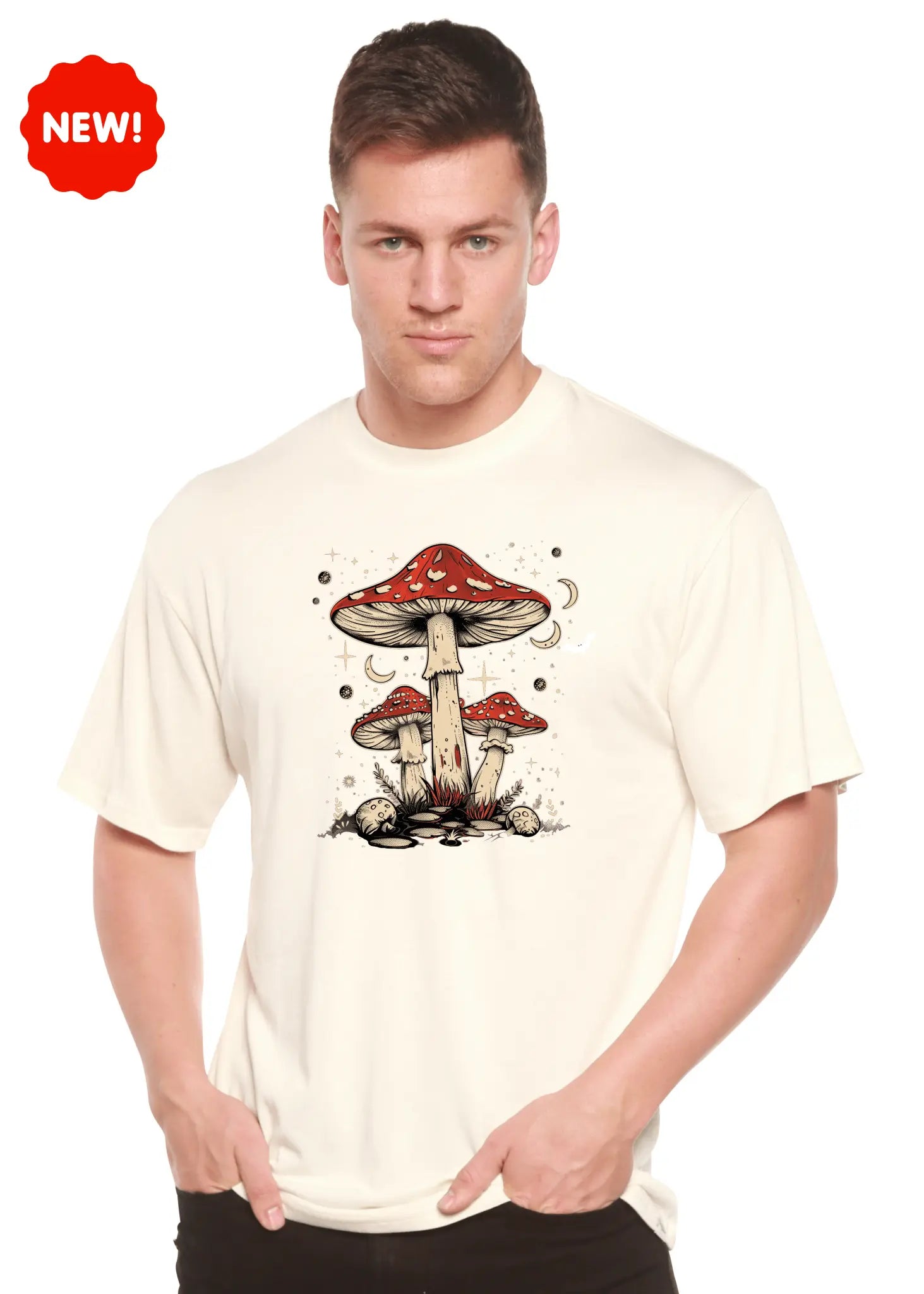 Boho Retro Hippie Mushrooms Natural Unisex Bamboo/Cotton Graphic T-Shirt Spun Bamboo