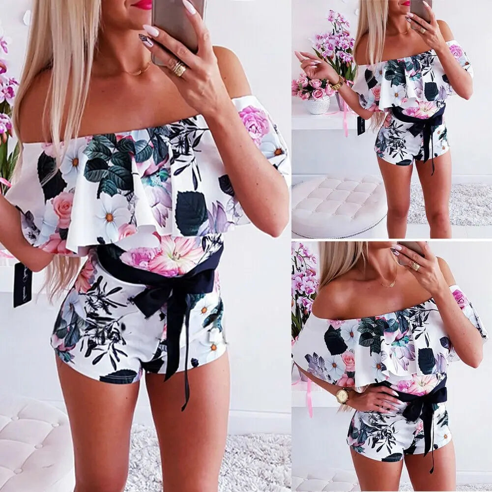 Boho Women Off Shoulder Floral Bodycon Romper Jumpsuit Summer Club Tights Bodysuit - Blade & Thread