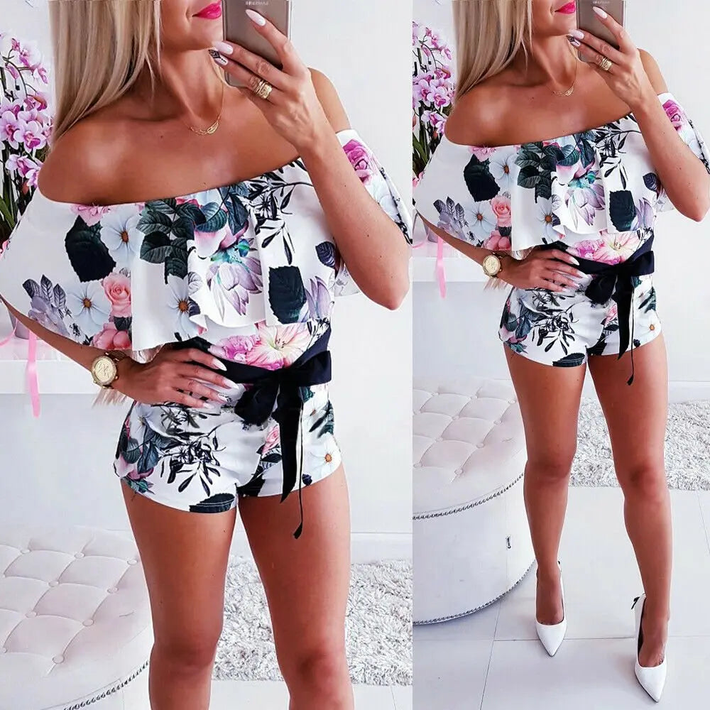 Boho Women Off Shoulder Floral Bodycon Romper Jumpsuit Summer Club Tights Bodysuit nowadaysfashion