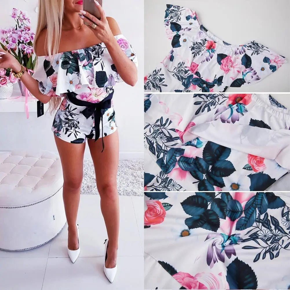 Boho Women Off Shoulder Floral Bodycon Romper Jumpsuit Summer Club Tights Bodysuit - Blade & Thread