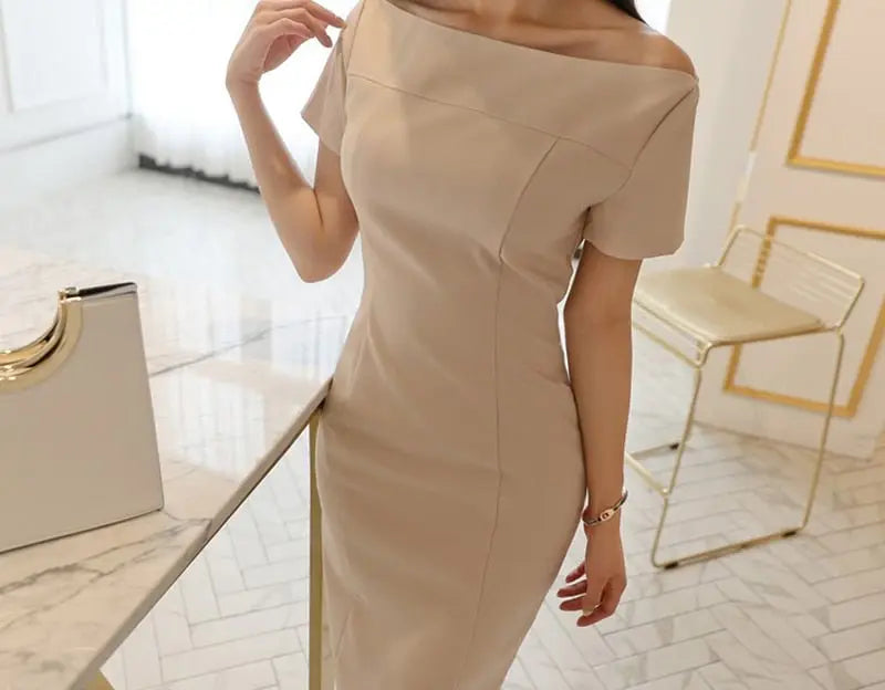 Brief Style Slash-neck Sleeveless Office Ladies Dress Elegant Midi Pencil Dresses - Blade & Thread