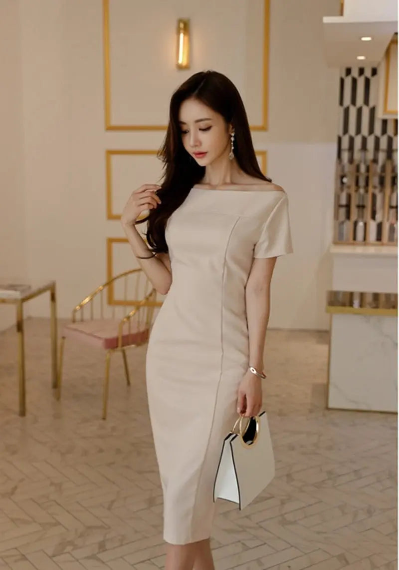 Brief Style Slash-neck Sleeveless Office Ladies Dress Elegant Midi Pencil Dresses nowadaysfashion